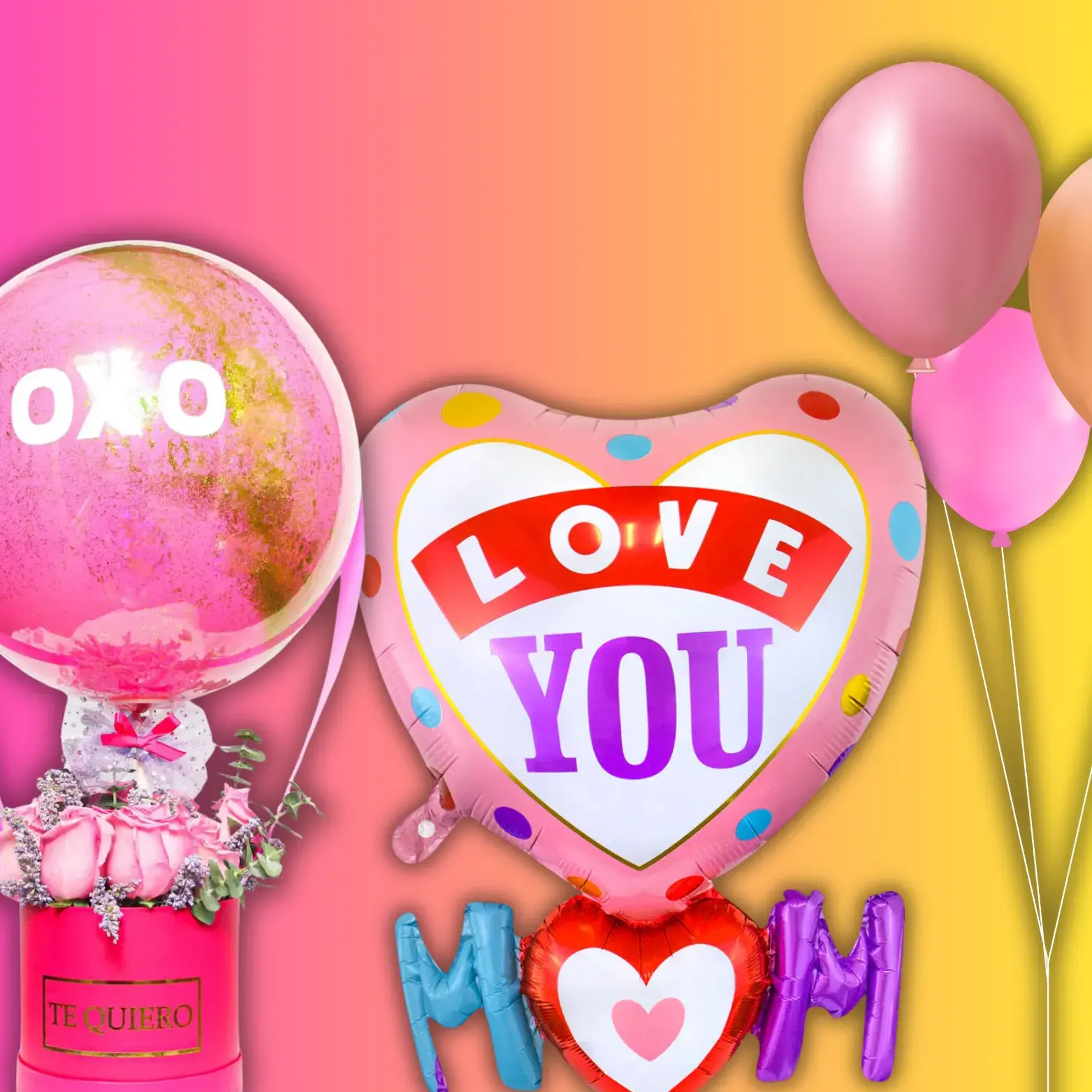 Arreglo con globos de corazón y mensajes de amor acompañado de rosas rosas en base decorativa, ideal para regalar en CDMX y Estado de México.