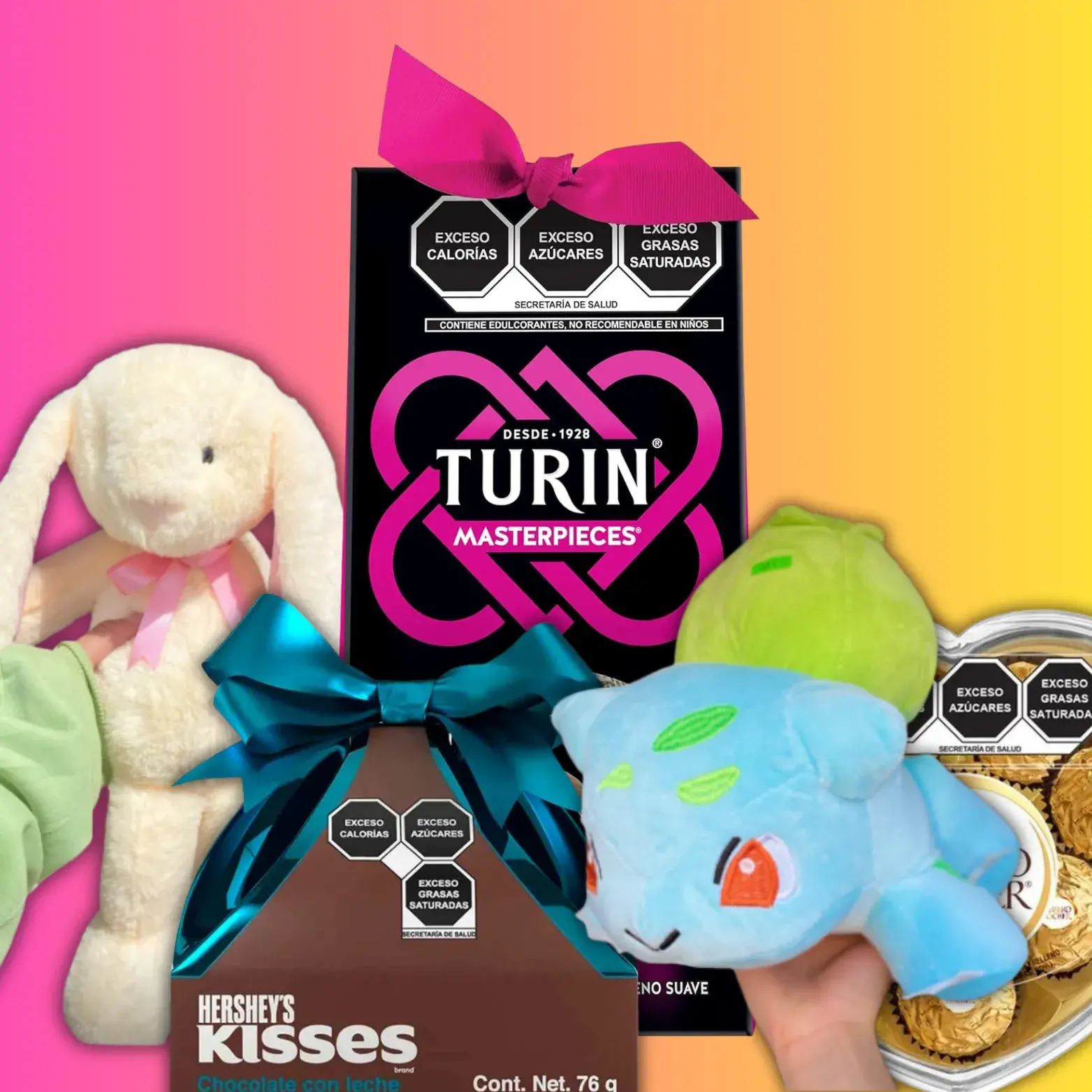 Arreglo de regalo con chocolates Turin y Hershey's Kisses acompañado de peluches tiernos, ideal para sorprender en ocasiones especiales con entrega en CDMX y Estado de México.