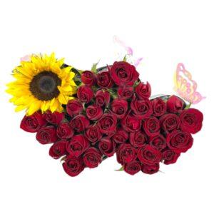 Arreglo Floral de 40 Rosas y Girasoles con Mariposas | Caja de Amor Eterno