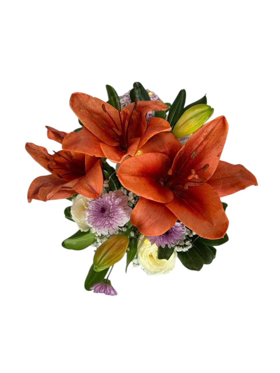 Arreglo Floral de Rosas con Luz | Esencia Serena 3 Arreglo en florero rostro blanco con lirios naranjas, rosas blancas, gypsophila, flores lila y luces LED.