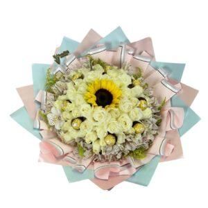 Ramo de Rosas y Girasoles con Chocolate | Blanco y Cacao