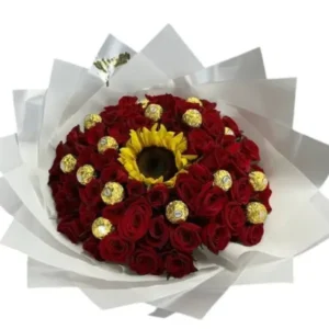 Ramo de 50 Rosas y Girasoles con Ferrero | Fuego y Miel