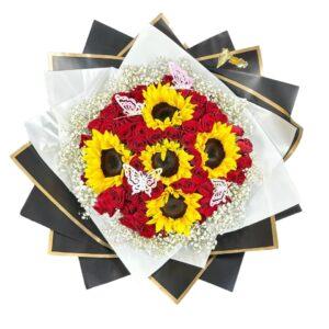 Ramo de 50 Rosas Rojas y Girasoles con Mariposas | Susurros de Mariposa