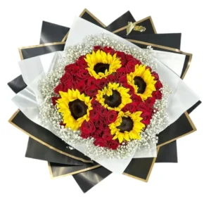 Ramo de 50 Rosas Rojas y Girasoles | Clásico Elegante