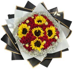 Ramo de 50  Rosas Rojas y Girasoles con Ferrero, Luz | Amor Delicioso