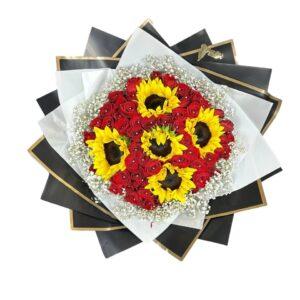 Ramo de 50 Rosas Rojas y Girasoles | Amor con Perlas