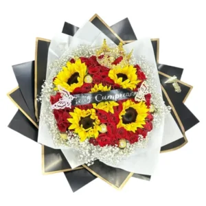 Ramo de 50 Rosas Rojas y Girasoles con Ferrero | Reina de Rosas