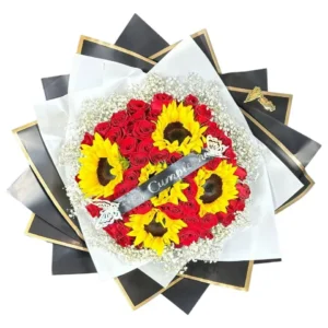 Ramo de 50 Rosas Rojas y Girasoles | Amor con Palabras
