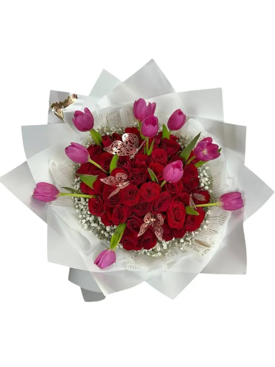 Ramo de 50 Rosas Rojas y Tulipanes con Mariposas | Jardín Encantado 2 Ramo de 50 Rosas Rojas y Tulipanes con Mariposas | Jardín Encantado - Imagen de 2