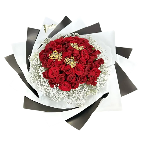 Ramo de 50 Rosas Rojas con Mariposas | Rosa de Media Noche 1 Ramo de 50 Rosas Rojas con Mariposas | Rosa de Media Noche