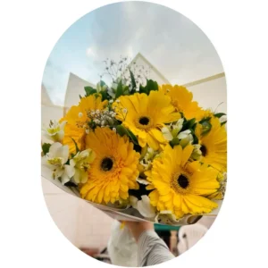 Ramo de 10 Piezas de Gerberas Amarillas con Follajes Mixtos | Flores Amarillas